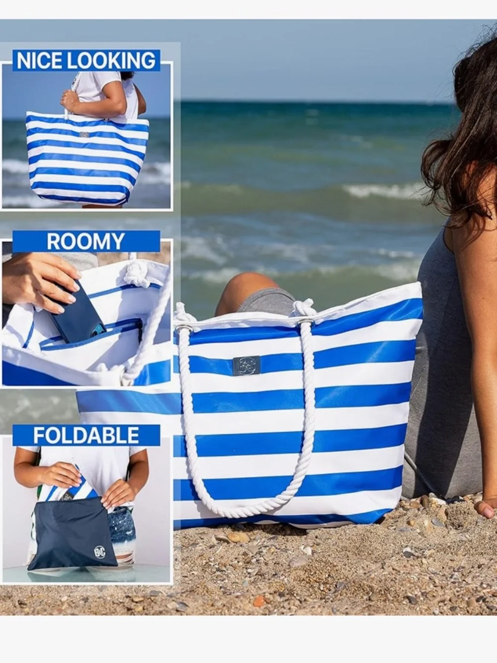 BANG&CARSEN Extra Large Beach Bag W/ Zipper Beach Tote For Women NWT blue - Picture 8 of 16